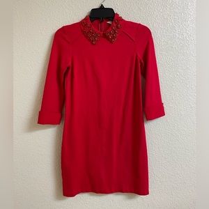 Ted Baker red collared mini-dress with quarter sleeves and crystal collar size.
